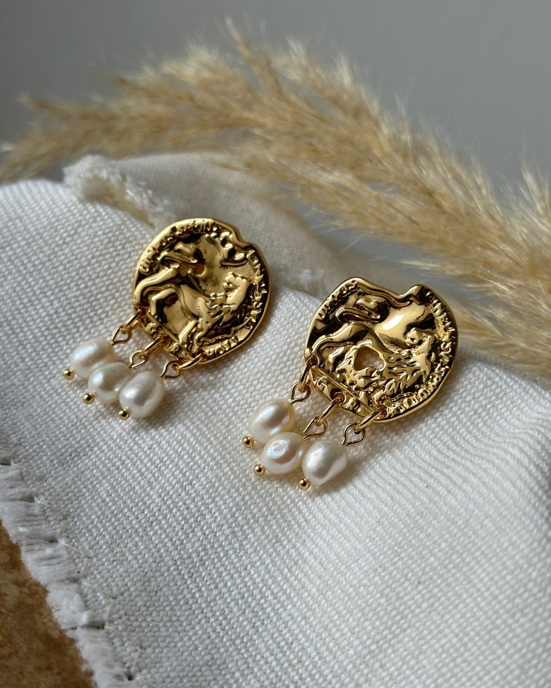 Greek Coin Pearl Earrings
