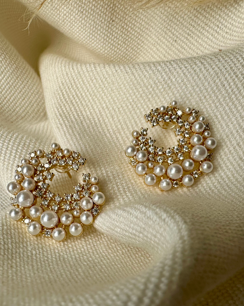Crescent Pearl and CZ Earrings